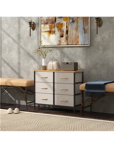 HOMCOM Fabric Chest of Drawers, Industrial Bedroom Dresser with 6 Fabric Drawers, Steel Frame and Wooden Top for Nursery, Living