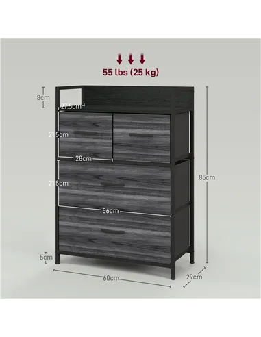 HOMCOM Rustic Chest of Four Fabric Drawers - Black