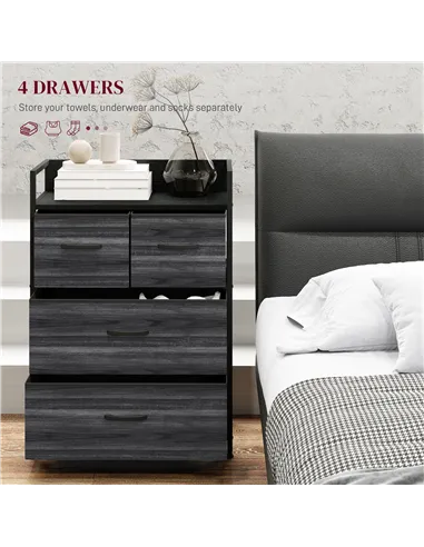 HOMCOM Rustic Chest of Four Fabric Drawers - Black