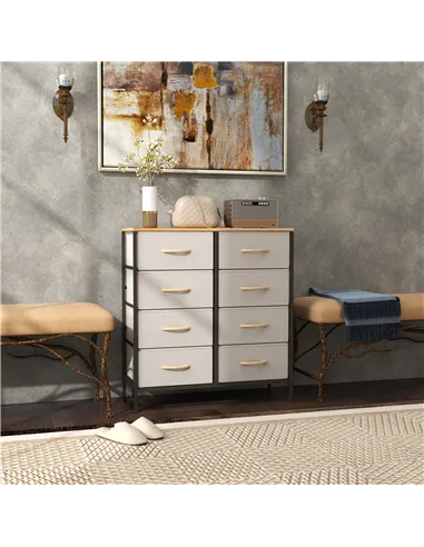 HOMCOM Fabric Chest of Drawers, Industrial Bedroom Dresser with 8 Fabric Drawers, Steel Frame and Wooden Top for Nursery, Living