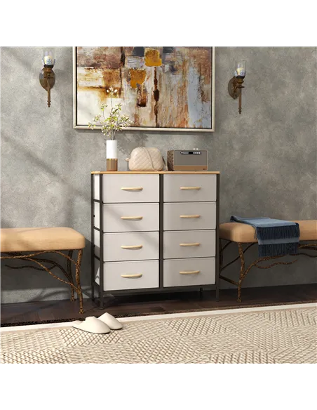 HOMCOM Fabric Chest of Drawers, Industrial Bedroom Dresser with 8 Fabric Drawers, Steel Frame and Wooden Top for Nursery, Living