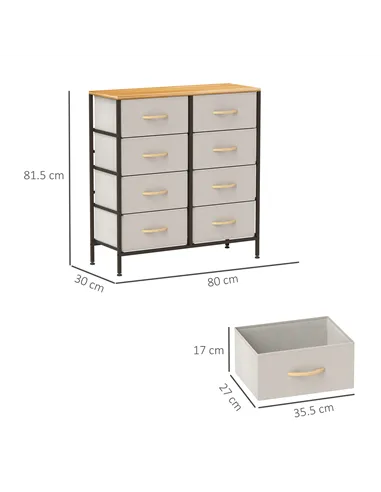 HOMCOM Fabric Chest of Drawers, Industrial Bedroom Dresser with 8 Fabric Drawers, Steel Frame and Wooden Top for Nursery, Living