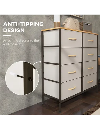 HOMCOM Fabric Chest of Drawers, Industrial Bedroom Dresser with 8 Fabric Drawers, Steel Frame and Wooden Top for Nursery, Living