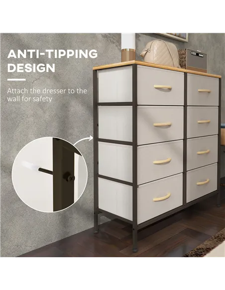 HOMCOM Fabric Chest of Drawers, Industrial Bedroom Dresser with 8 Fabric Drawers, Steel Frame and Wooden Top for Nursery, Living