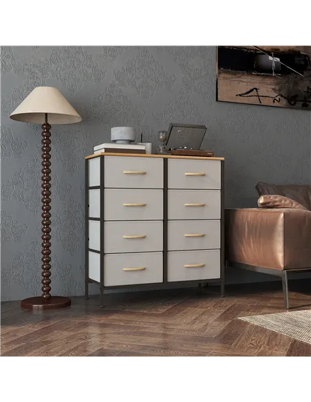 HOMCOM Fabric Chest of Drawers, Industrial Bedroom Dresser with 8 Fabric Drawers, Steel Frame and Wooden Top for Nursery, Living