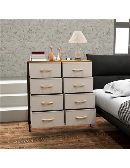 HOMCOM Fabric Chest of Drawers, Industrial Bedroom Dresser with 8 Fabric Drawers, Steel Frame and Wooden Top for Nursery, Living