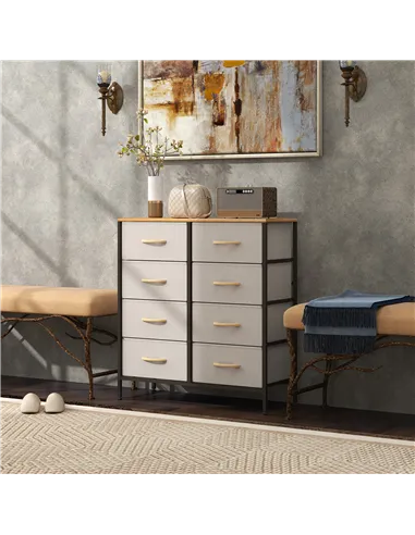 HOMCOM Fabric Chest of Drawers, Industrial Bedroom Dresser with 8 Fabric Drawers, Steel Frame and Wooden Top for Nursery, Living