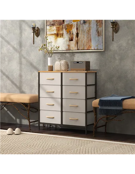 HOMCOM Fabric Chest of Drawers, Industrial Bedroom Dresser with 8 Fabric Drawers, Steel Frame and Wooden Top for Nursery, Living