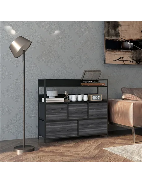 HOMCOM Rustic Chest of Five Fabric Drawers - Black