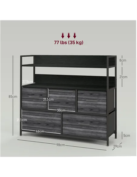 HOMCOM Rustic Chest of Five Fabric Drawers - Black