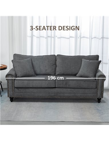 HOMCOM 3 Seater Sofa, Fabric Couch with Rubber Wood Legs, 3 Seater Settee with Extra Padded Cushions and Pillows for Living Room