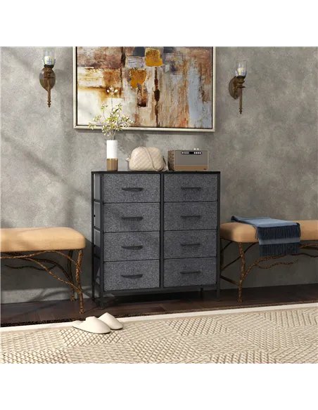 HOMCOM Fabric Chest of Drawers, Industrial Bedroom Dresser with 8 Fabric Drawers, Steel Frame and Wooden Top for Nursery, Living