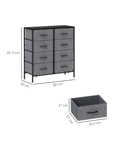 HOMCOM Fabric Chest of Drawers, Industrial Bedroom Dresser with 8 Fabric Drawers, Steel Frame and Wooden Top for Nursery, Living