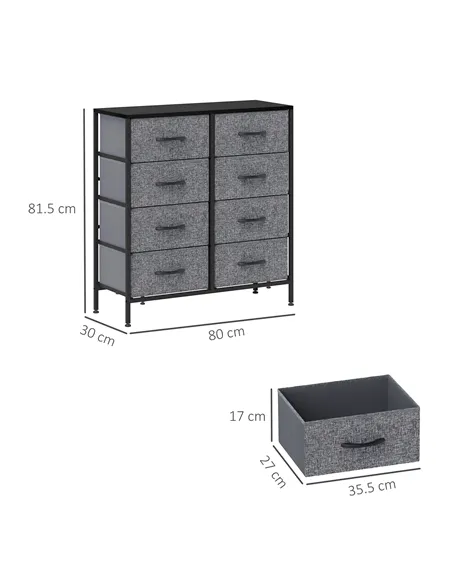 HOMCOM Fabric Chest of Drawers, Industrial Bedroom Dresser with 8 Fabric Drawers, Steel Frame and Wooden Top for Nursery, Living