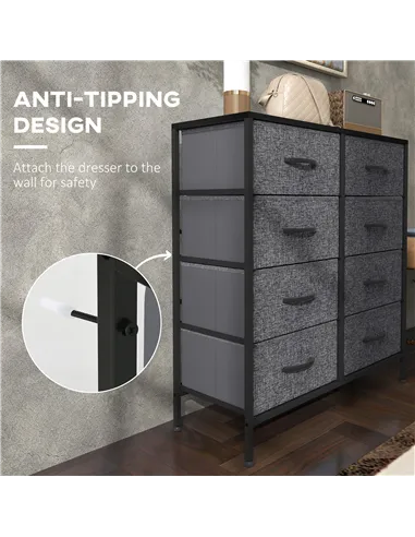 HOMCOM Fabric Chest of Drawers, Industrial Bedroom Dresser with 8 Fabric Drawers, Steel Frame and Wooden Top for Nursery, Living