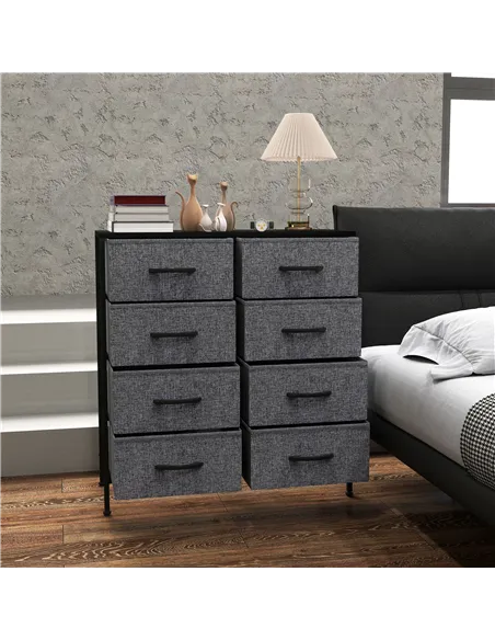 HOMCOM Fabric Chest of Drawers, Industrial Bedroom Dresser with 8 Fabric Drawers, Steel Frame and Wooden Top for Nursery, Living
