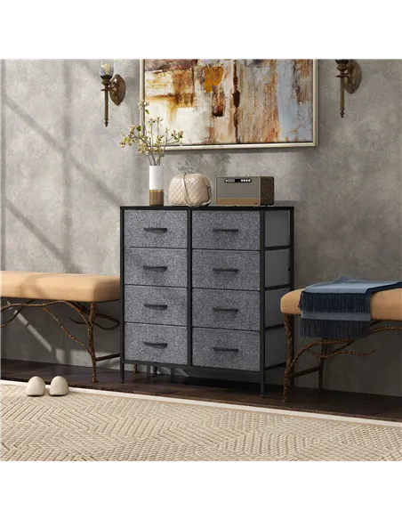HOMCOM Fabric Chest of Drawers, Industrial Bedroom Dresser with 8 Fabric Drawers, Steel Frame and Wooden Top for Nursery, Living