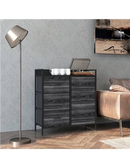 HOMCOM Rustic Chest of Six Fabric Drawers - Black