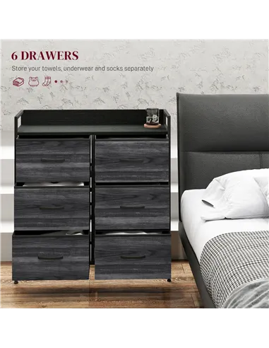 HOMCOM Rustic Chest of Six Fabric Drawers - Black