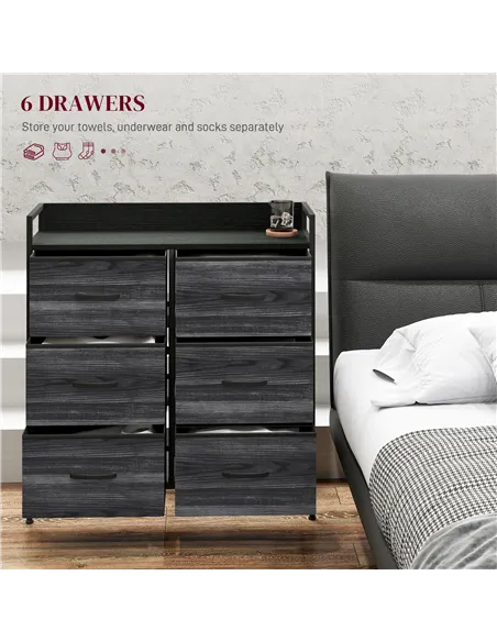 HOMCOM Rustic Chest of Six Fabric Drawers - Black