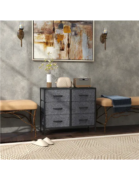 HOMCOM Fabric Chest of Drawers, Industrial Bedroom Dresser with 6 Fabric Drawers, Steel Frame and Wooden Top for Nursery, Living