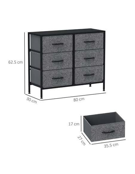 HOMCOM Fabric Chest of Drawers, Industrial Bedroom Dresser with 6 Fabric Drawers, Steel Frame and Wooden Top for Nursery, Living