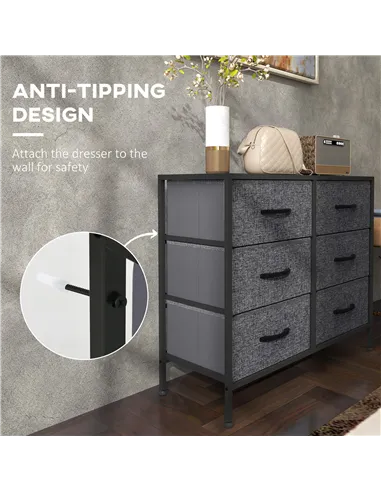 HOMCOM Fabric Chest of Drawers, Industrial Bedroom Dresser with 6 Fabric Drawers, Steel Frame and Wooden Top for Nursery, Living