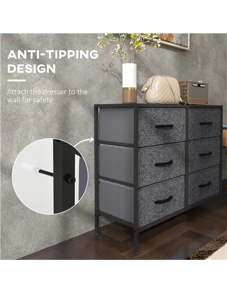 HOMCOM Fabric Chest of Drawers, Industrial Bedroom Dresser with 6 Fabric Drawers, Steel Frame and Wooden Top for Nursery, Living