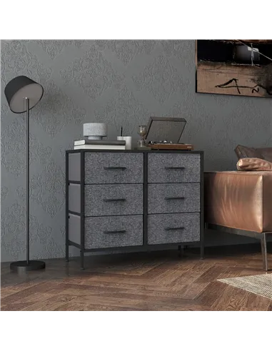 HOMCOM Fabric Chest of Drawers, Industrial Bedroom Dresser with 6 Fabric Drawers, Steel Frame and Wooden Top for Nursery, Living