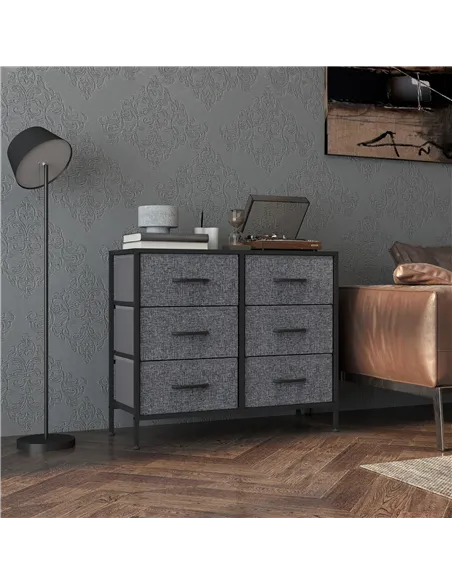 HOMCOM Fabric Chest of Drawers, Industrial Bedroom Dresser with 6 Fabric Drawers, Steel Frame and Wooden Top for Nursery, Living