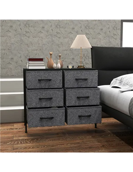 HOMCOM Fabric Chest of Drawers, Industrial Bedroom Dresser with 6 Fabric Drawers, Steel Frame and Wooden Top for Nursery, Living