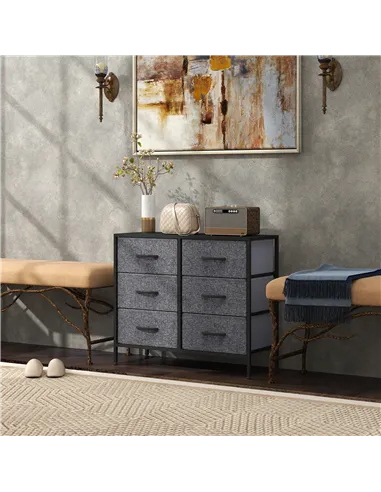 HOMCOM Fabric Chest of Drawers, Industrial Bedroom Dresser with 6 Fabric Drawers, Steel Frame and Wooden Top for Nursery, Living