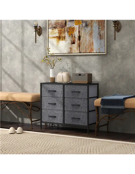 HOMCOM Fabric Chest of Drawers, Industrial Bedroom Dresser with 6 Fabric Drawers, Steel Frame and Wooden Top for Nursery, Living