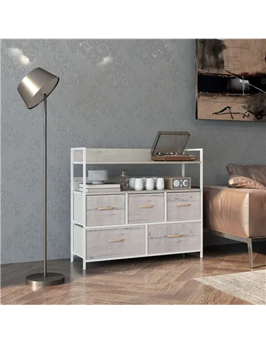 HOMCOM Rustic Chest of Five Fabric Drawers - Natural