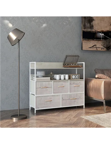 HOMCOM Rustic Chest of Five Fabric Drawers - Natural