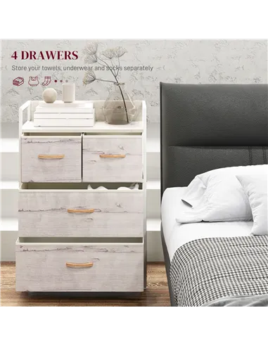 HOMCOM Rustic Chest of Four Fabric Drawers - Black