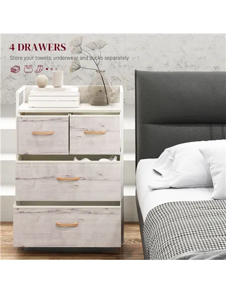 HOMCOM Rustic Chest of Four Fabric Drawers - Black