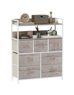 HOMCOM Rustic Chest of Seven Fabric Drawers - Natural Wood Finish