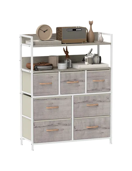 HOMCOM Rustic Chest of Seven Fabric Drawers - Natural Wood Finish