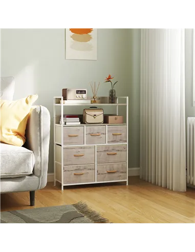 HOMCOM Rustic Chest of Seven Fabric Drawers - Natural Wood Finish