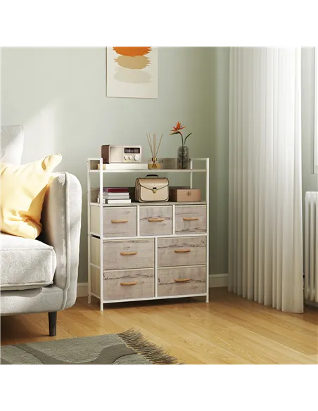 HOMCOM Rustic Chest of Seven Fabric Drawers - Natural Wood Finish