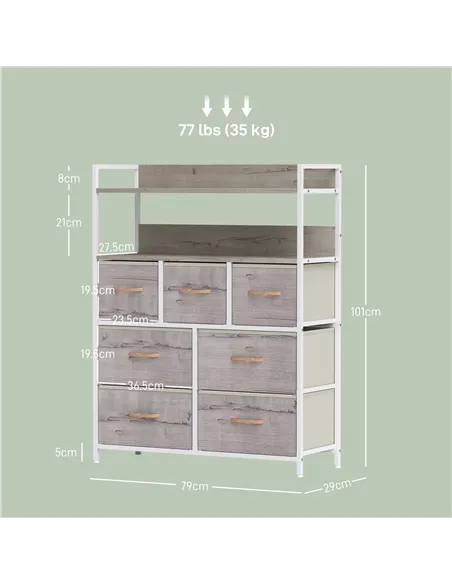 HOMCOM Rustic Chest of Seven Fabric Drawers - Natural Wood Finish