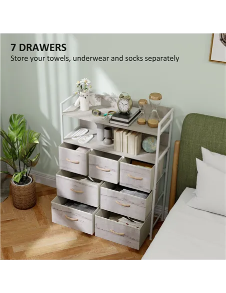 HOMCOM Rustic Chest of Seven Fabric Drawers - Natural Wood Finish