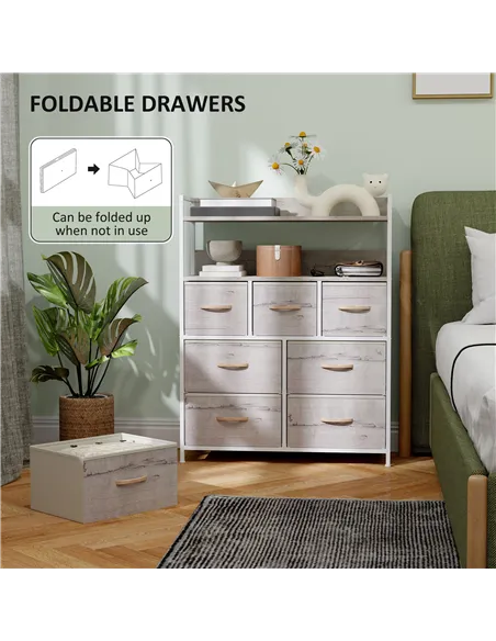 HOMCOM Rustic Chest of Seven Fabric Drawers - Natural Wood Finish
