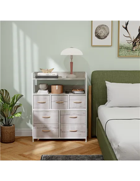 HOMCOM Rustic Chest of Seven Fabric Drawers - Natural Wood Finish
