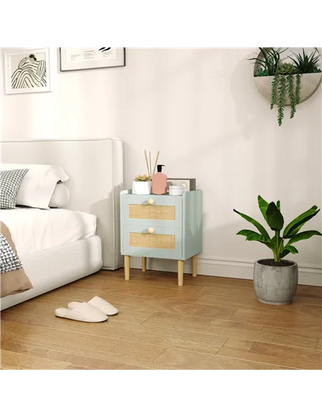 HOMCOM Bedroom Chest of Drawers, Boho Rattan Dresser with 2 Drawers, Storage Cabinet for Living Room, Hallway, Entryway, Olive G