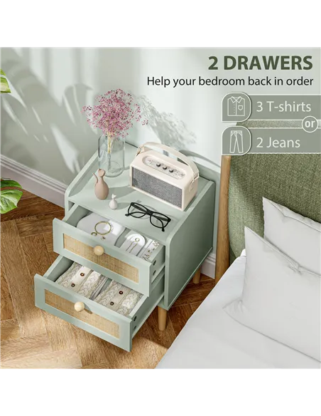 HOMCOM Bedroom Chest of Drawers, Boho Rattan Dresser with 2 Drawers, Storage Cabinet for Living Room, Hallway, Entryway, Olive G