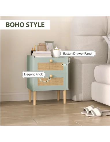 HOMCOM Bedroom Chest of Drawers, Boho Rattan Dresser with 2 Drawers, Storage Cabinet for Living Room, Hallway, Entryway, Olive G