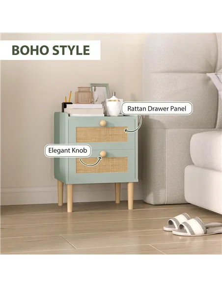 HOMCOM Bedroom Chest of Drawers, Boho Rattan Dresser with 2 Drawers, Storage Cabinet for Living Room, Hallway, Entryway, Olive G