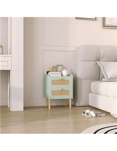 HOMCOM Bedroom Chest of Drawers, Boho Rattan Dresser with 2 Drawers, Storage Cabinet for Living Room, Hallway, Entryway, Olive G